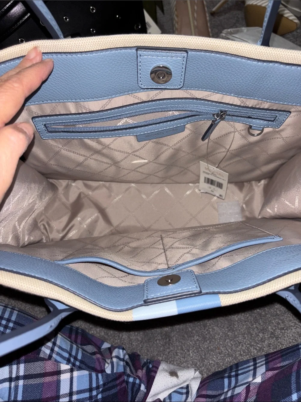 Michael Kors Beige Canvas Messenger Bag with Blue Stripes